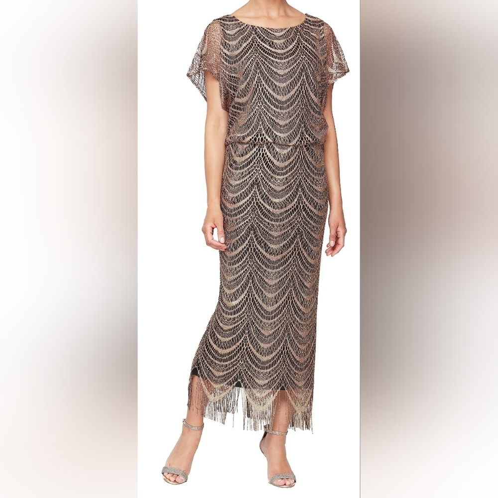 S.L. Fashions Women's Metallic Crochet Dress with Fringe Hemline Womens Size 8